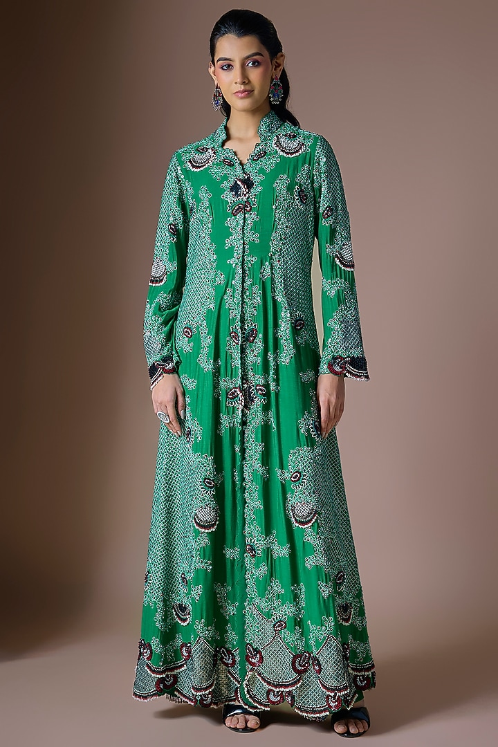 Emerald Green Silk Hand Embroidered Jacket Set by Nupur Kanoi at Pernia's Pop Up Shop